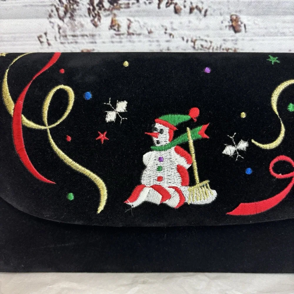 Vintage Velvet Christmas Clutch Purse Bag Black Snowman‎ Party Festive Gift